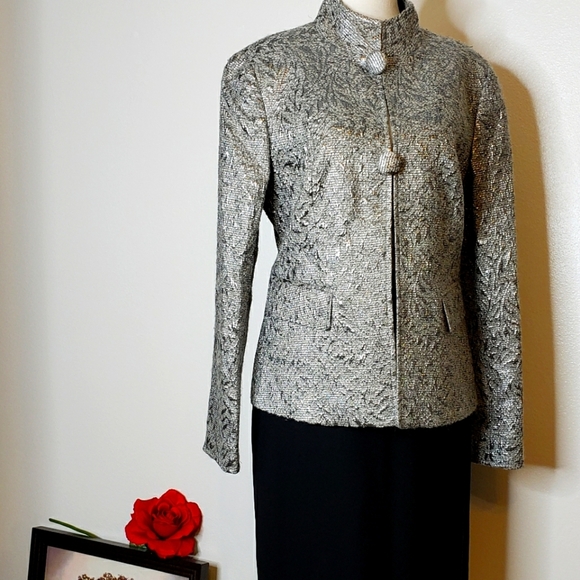 Lafayette 148 Silver Shimmer Mandarin Jacket Wool Luxury Asian Office Spring - Picture 2 of 15